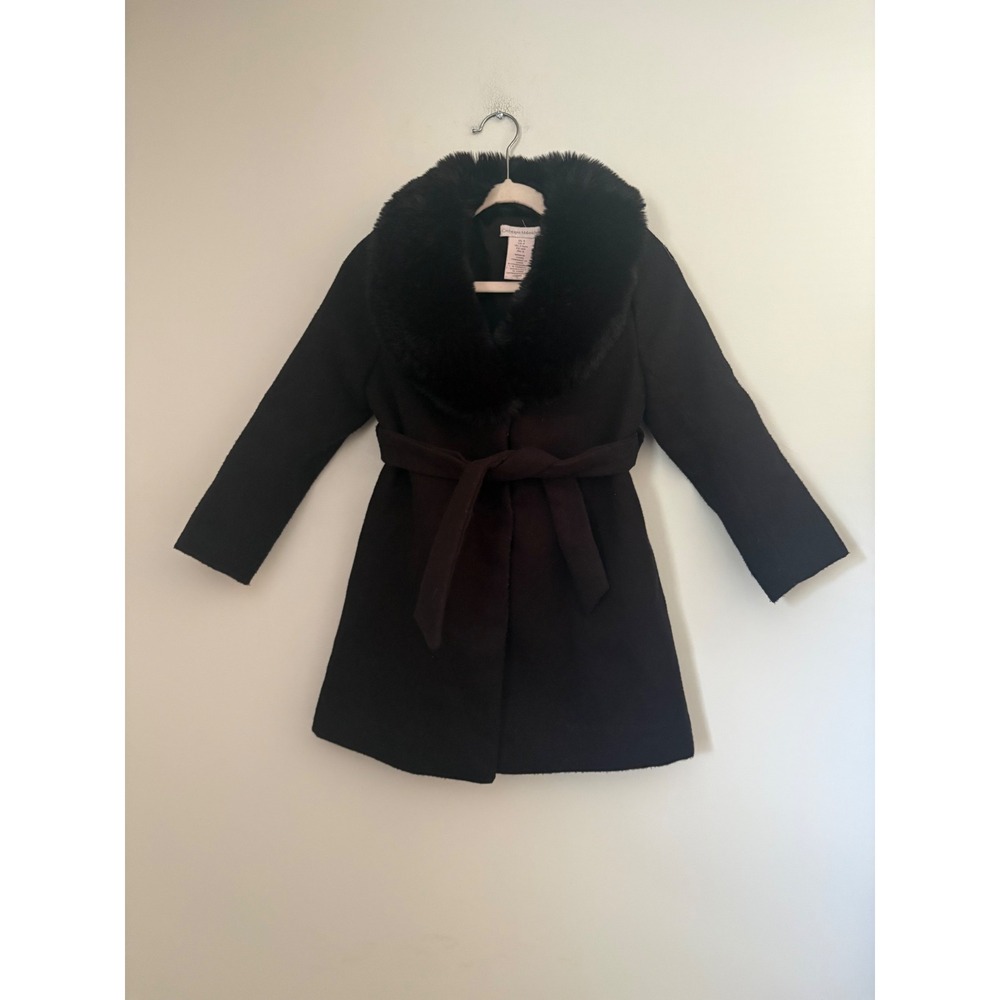 Catherine Malandrino Girls Black Faux Fur Collar Belted Pea Coat Size 4 Parisian